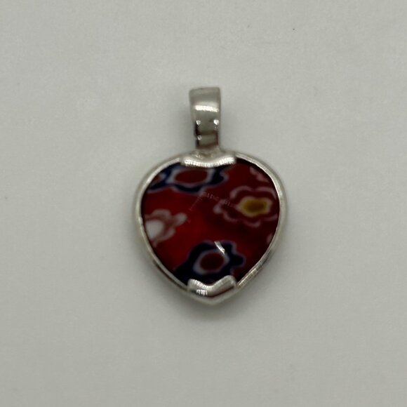 Sterling Silver Heart Pendant With Millefiori Glass Design Red Multicolor 925 - Picture 7 of 11